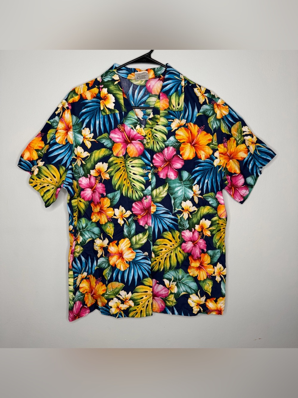 GO BAREFOOT Womens Hawaiian S/S Button Shirt XL Blue Floral Hibiscus Tropical